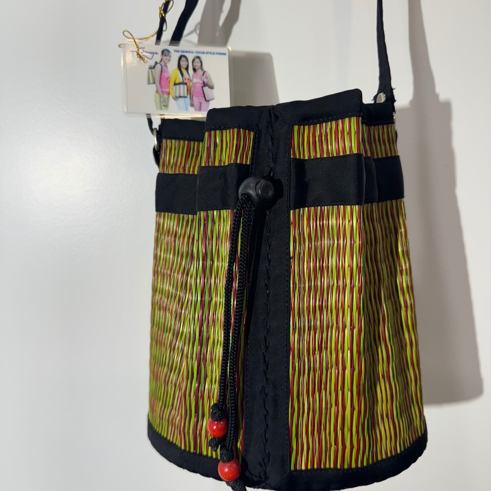 Saraye Tatami Woven Bucket‎ Bag Beaded Boho Artisan Drawstring Red Green Black